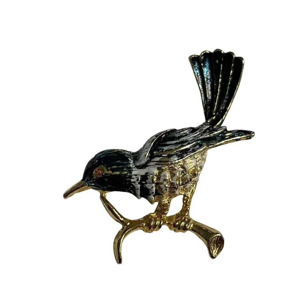 Gerry's Vintage Bird on Branch Brooch Pin‎ Gold Tone Enameled Blue White Read